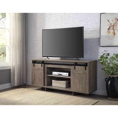 Gray Washed Wooden TV Stand for 60-Inch TVs with Barn Door Storage