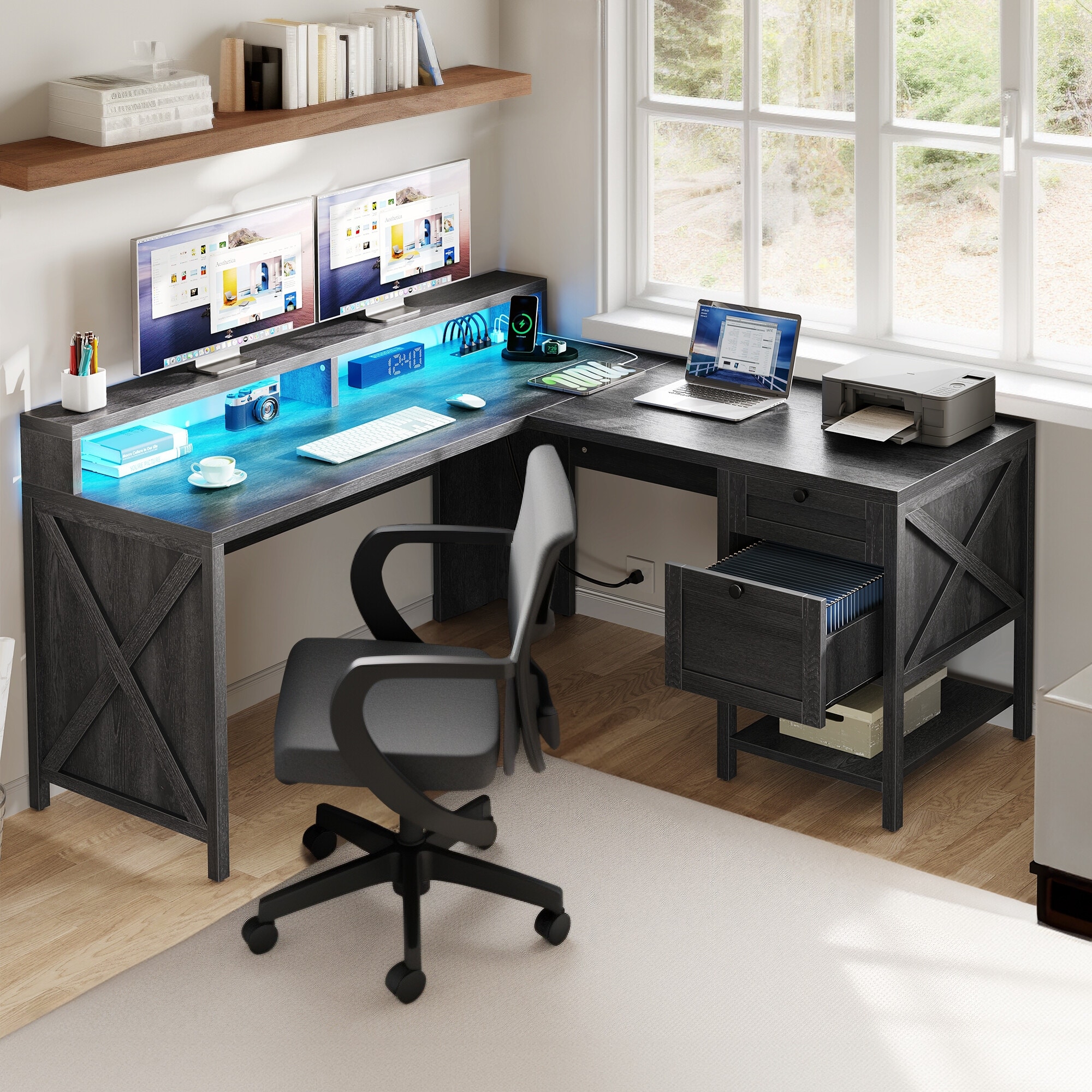 Moasis X-Design Farmhouse 60-inch Corner L-Shaped Computer Gaming Desk with Power Outlets LED Lights