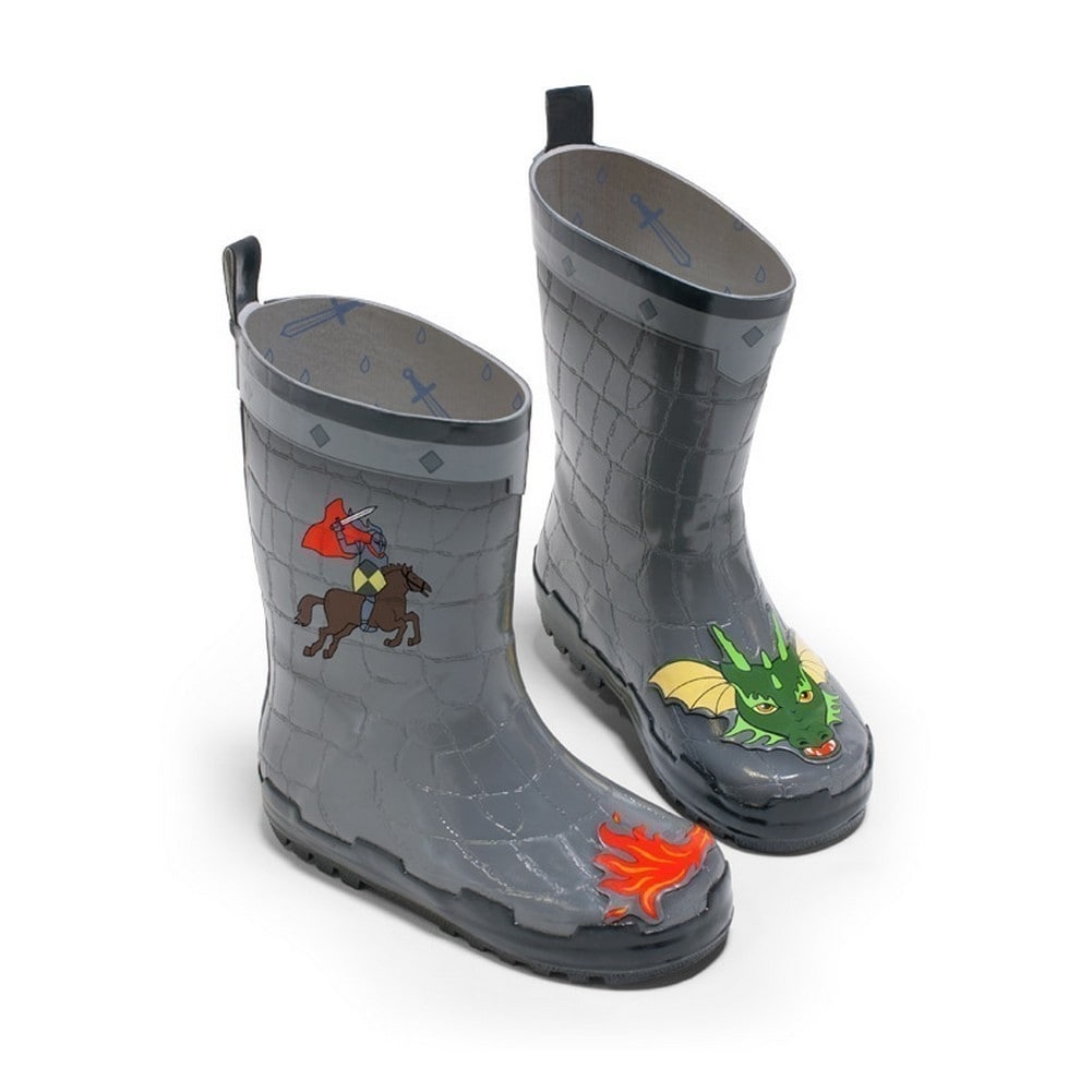 Big Kid Kidorable Dragon Knight Grey Natural Rubber Rain Boots With A Pull On Heel Tab