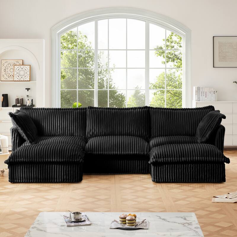120" U-Shaped Corduroy Sectional Sofa with Slipcover & Cloud Cushions - Black
