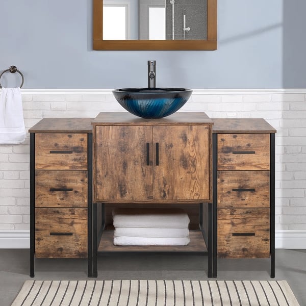 bathroom vanity with vessel sink and tall faucet