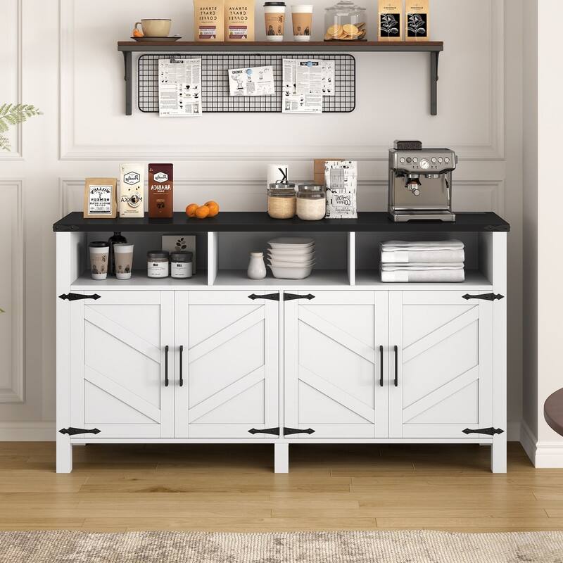 Modern 4-Door Sideboard Buffet with Power Outlets Adjustable Shelves and Half-Open Storage Design