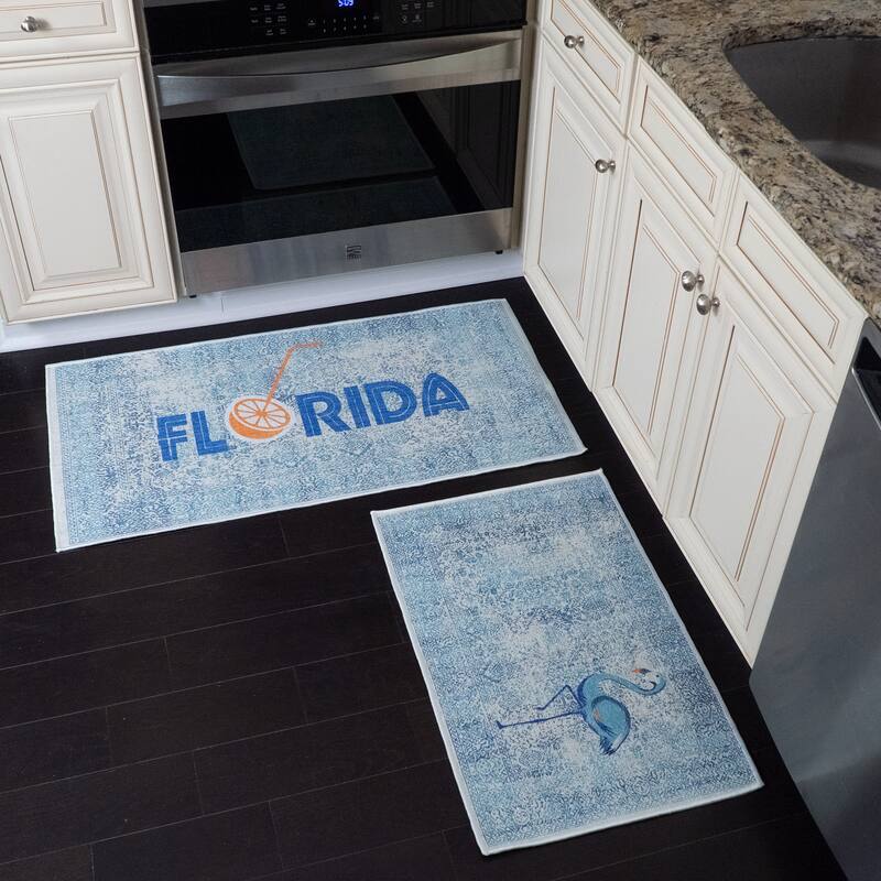 US States Design Non Skid Washable Kitchen Runner Rugs Set of 2 - Set of 44 x 24 and 31.5 x 20 Inches Low Pile Floor Mats - Florida
