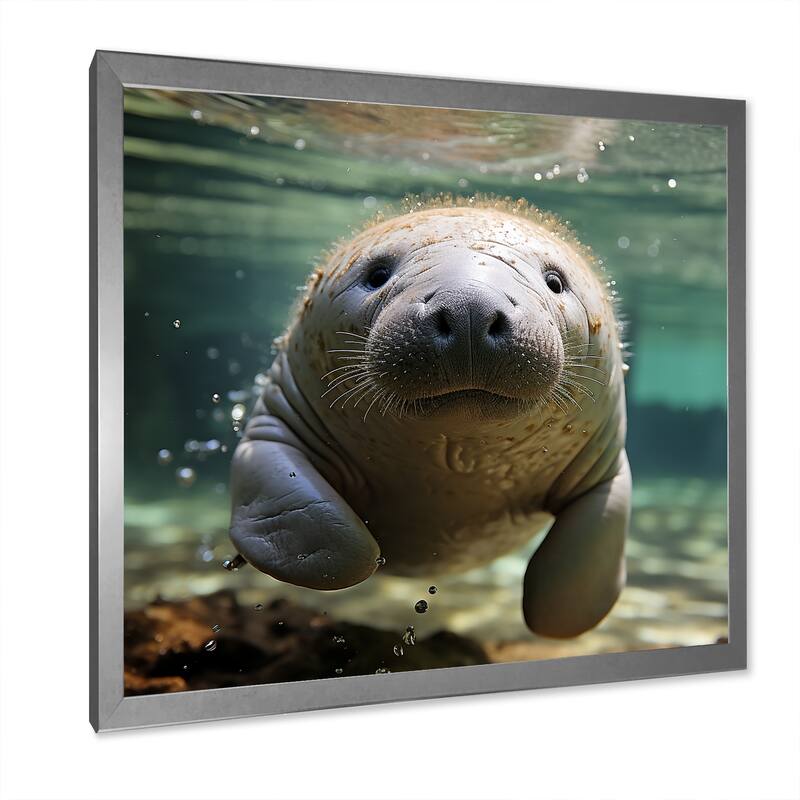 Designart "Curious Manatee Gaze II" Manatee Wall Decor Blue Modern Entryway Framed Wall Art Print