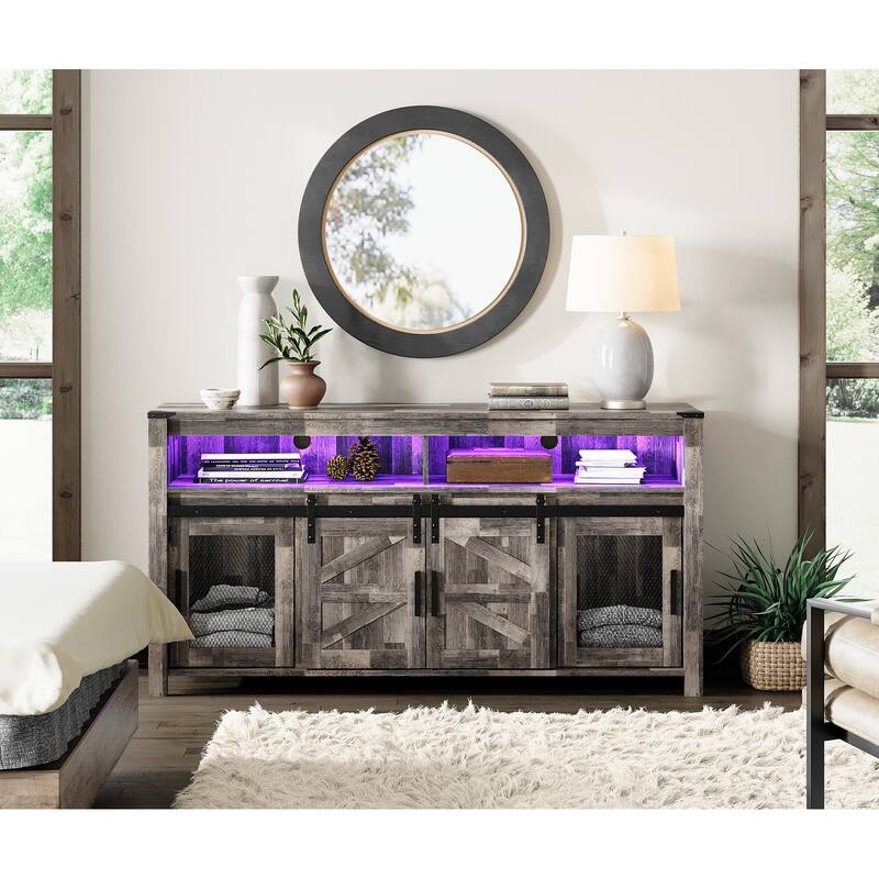 Highboy TV Console with LED Lights, Farmhouse & Industrial, 59 Inch
