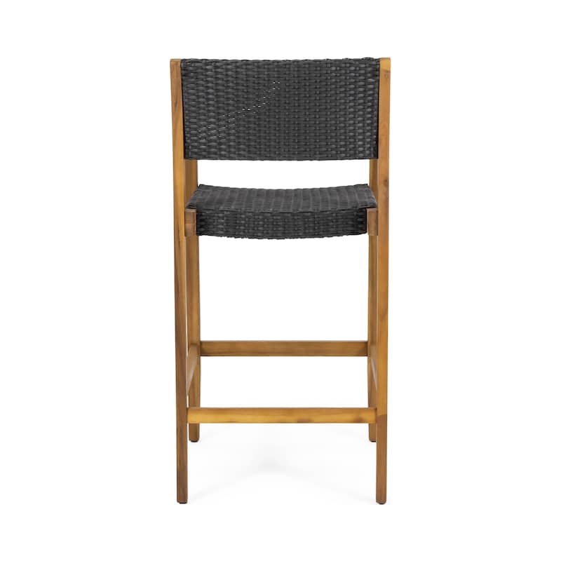 Roomfitters 2-Piece Outdoor Wood Bar Stools, Woven Wicker Patio High Dining Chairs with Armrests and Footrest, Black