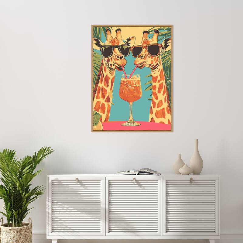 Giraffes Sharing a Drink by Andreas Magnusson Framed Canvas Wall Art