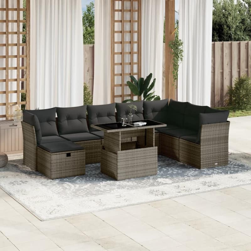 9 Piece Garden Sofa Set with Cushions - Grey - 21.7 x 39.4 x 28.7 in