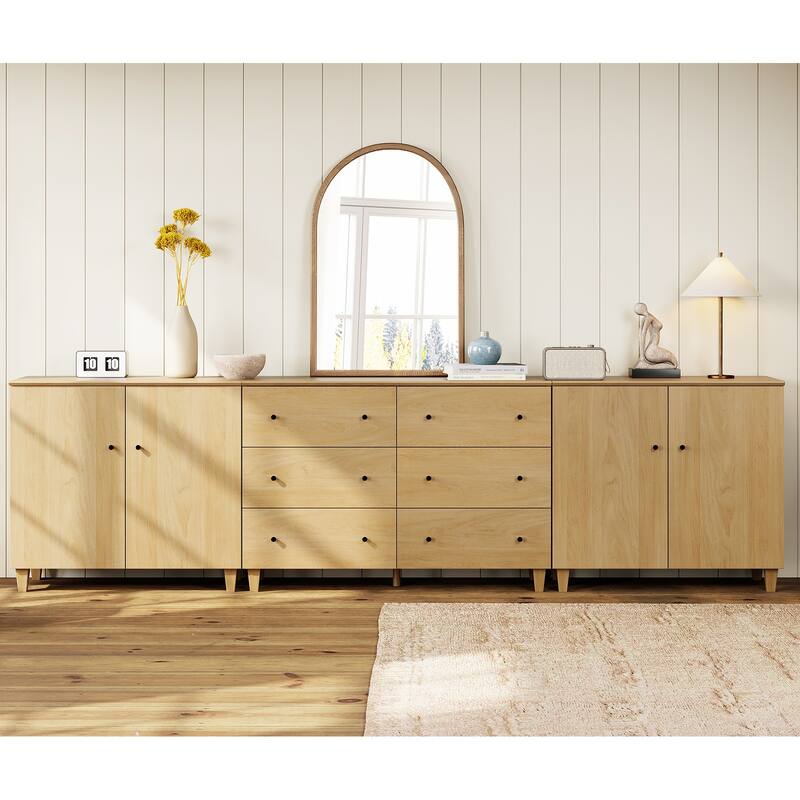 Wood Dresser with 6 Drawers and 2 Cabinets for Bedroom, 118" Wide - Oak