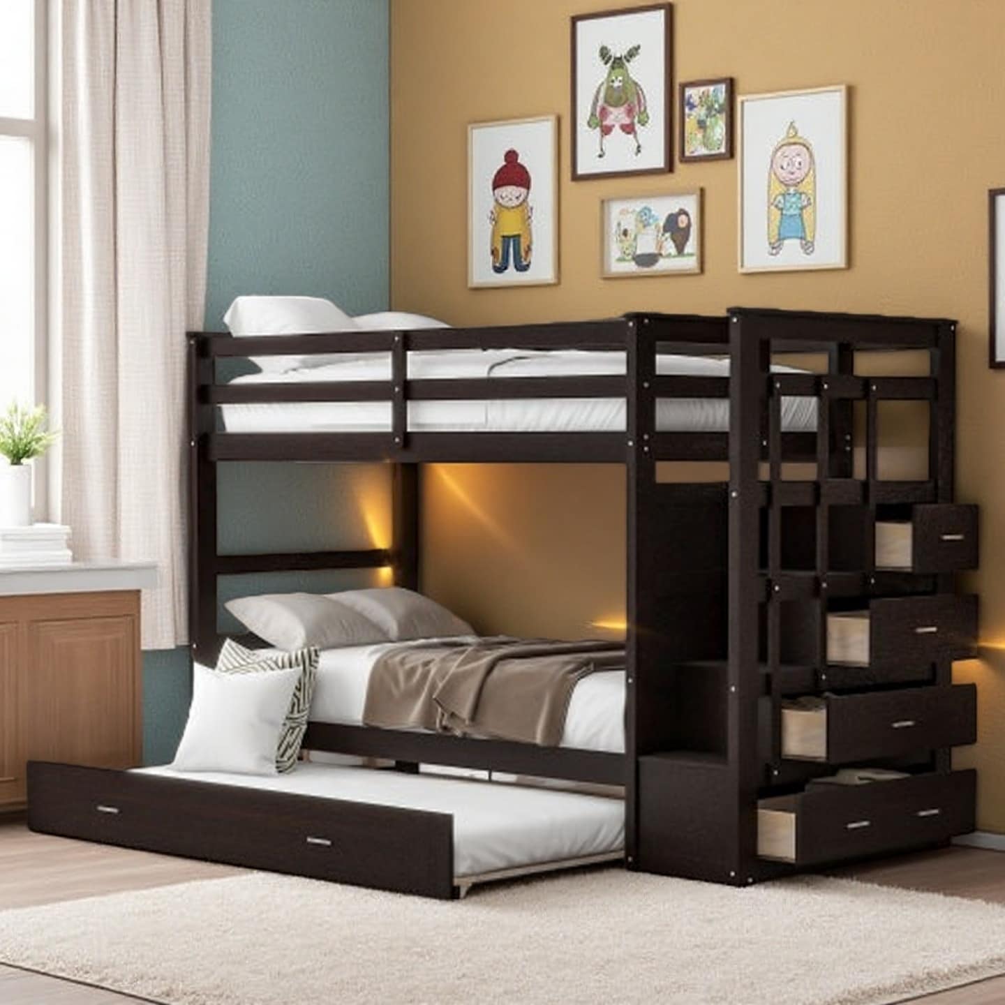 Full-Over-Full Bunk Bed with Twin Trundle, Staircase with Storage Drawers, Solid Pine Frame
