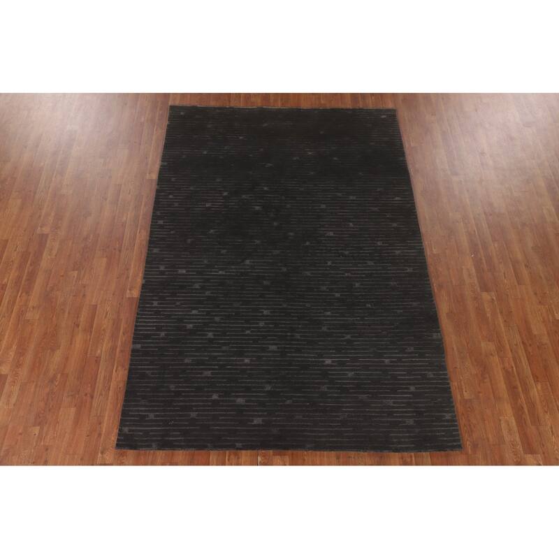 Striped Nepalese Living Room Area Rug Hand-Knotted Wool Carpet - 6'1" x 8'11"