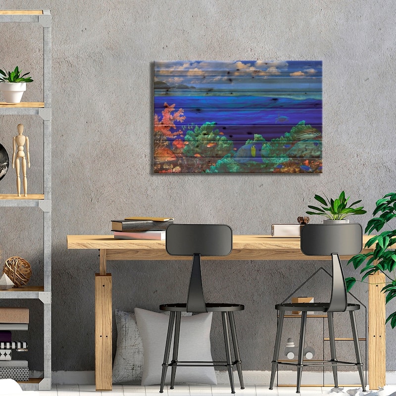 Cloudy Seascape With An Underwater View Of A Reef Marine Ecosystem Print On Wood by Panoramic Images - Multi-Color