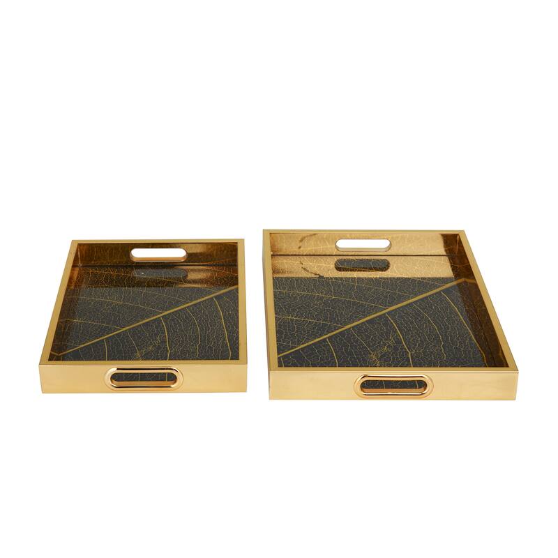 Polished Gold Plastic Mirrored Geometric Tray (Set of 2)