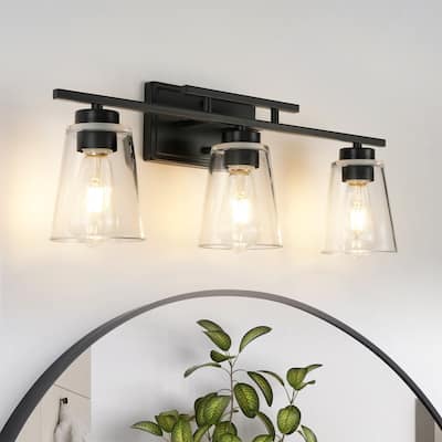 3-Light Modern Black Linear Cone Clear Glass Bathroom Vanity Light - 23.62 in. W x 7.09 in. D x 9.25 in. H