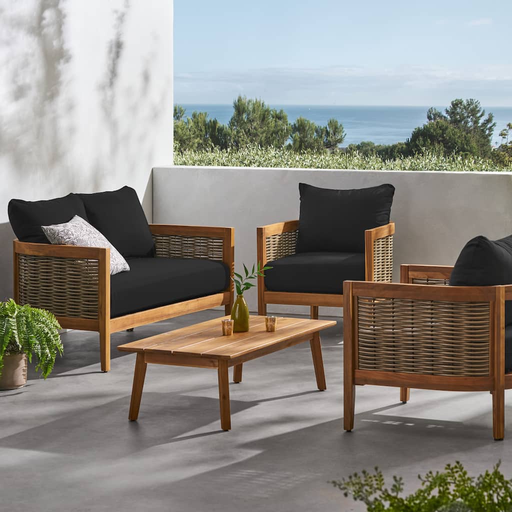 Burchett Outdoor Acacia Wood and Wicker 4 Seater Chat Set with Cushions by Christopher Knight Home