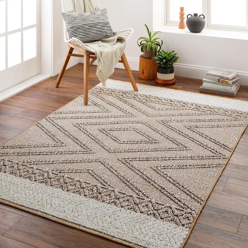 Livabliss Sarasota Scandinavian Diamond Indoor / OutdoorArea Rug - 6'4" x 9' - Taupe/Mustard