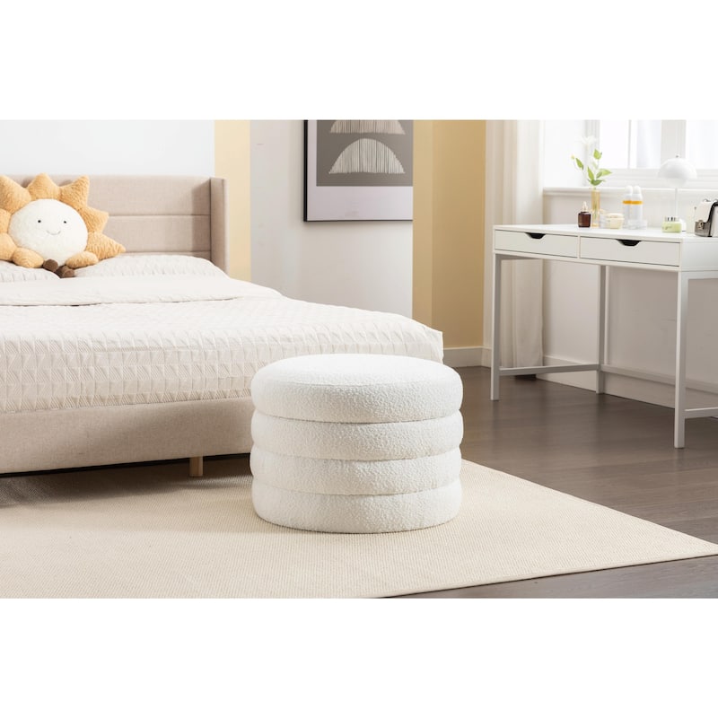 Boucle Fabric Storage Ottoman Footstool with Wooden Shelving