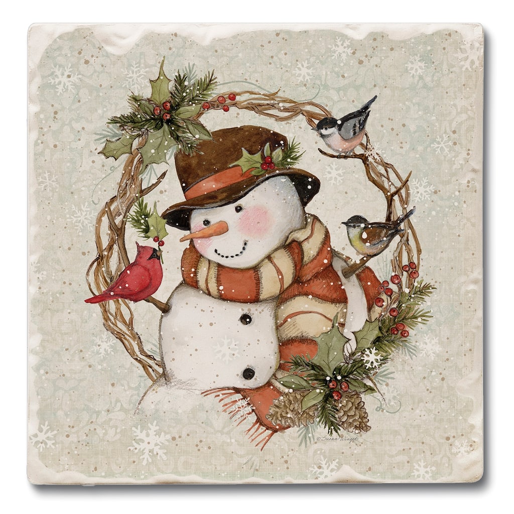Absorbent Stone Beverage Coasters - Set of 4 - - Winter Forest Snowman - Multi-64