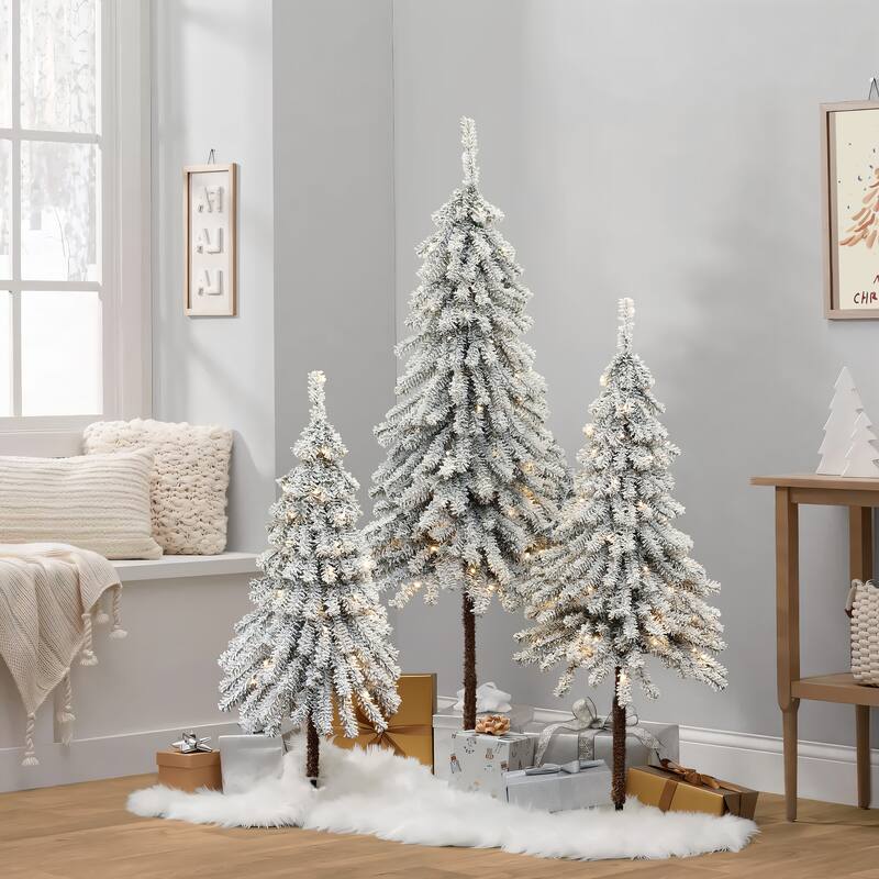 3-Piece Snow-Flocked Sweeping Branches Artificial Tree Set with Battery Operated Lights