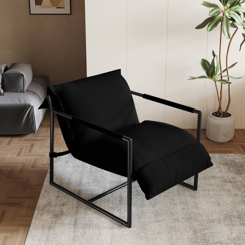 Mid-century Metal Sling Upholstered Armchair with Lengthen Upholstered - Black