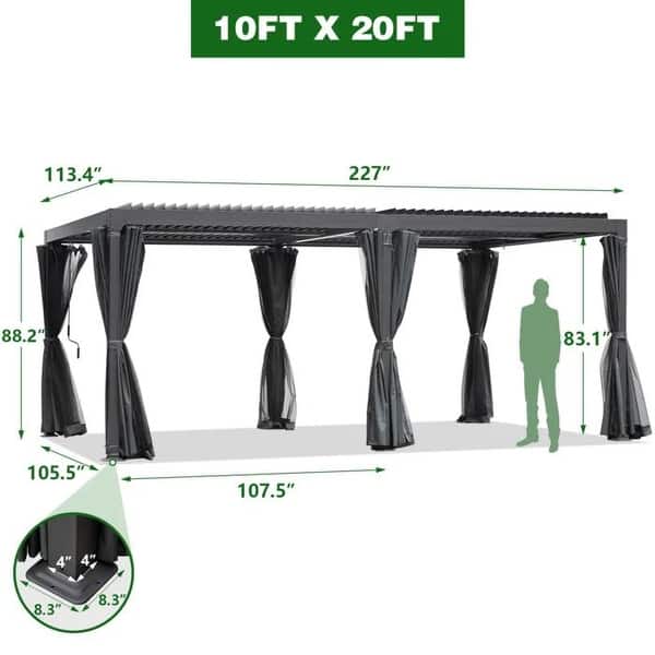 dimension image slide 11 of 30, EROMMY Outdoor Louvered Pergola Gazebo with Adjustable Aluminum Rainproof Roof