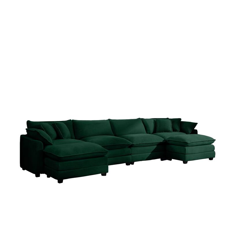 149.6" 4-Seat Corduroy Sofa Set with 3 Footstools, 2 Arm Pillows and 4 Throw Pillows