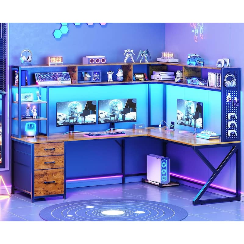 L Shaped Gaming Desk with Storage Shelves and Hutch Computer Desk 3 Drawers