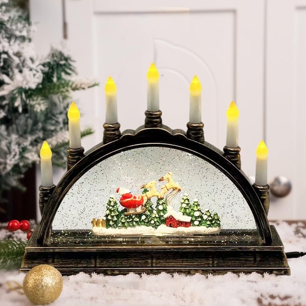 Lighted Christmas Candle Bridge Snow Globe with USB and Battery Operated Acrylic Plastic Brown