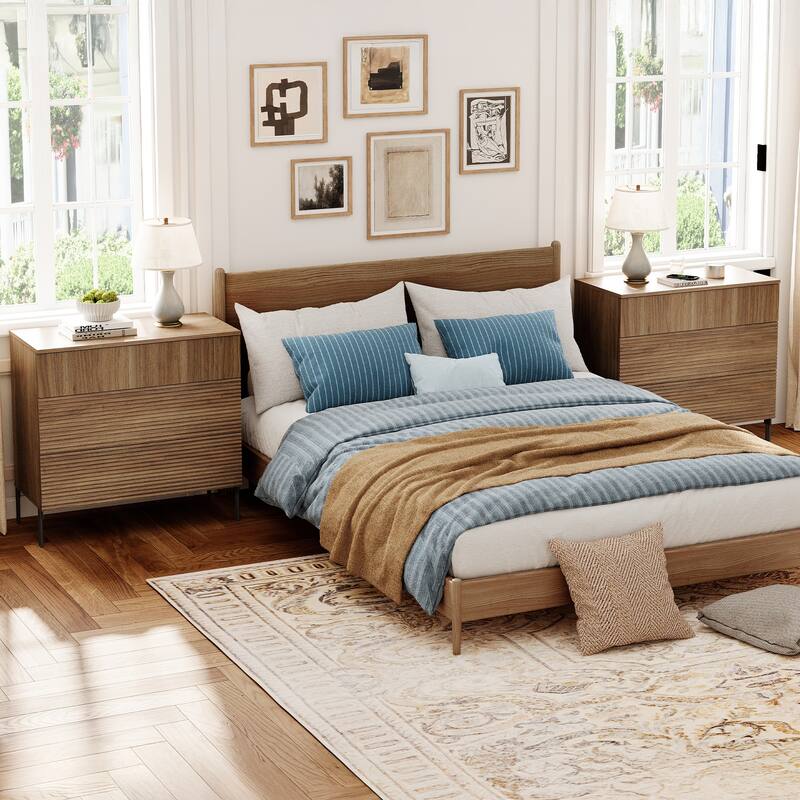 Modern Minimalist Wood Nightstand With 3 Drawers ,31.5" End Table,Reeded Design Bedside Table