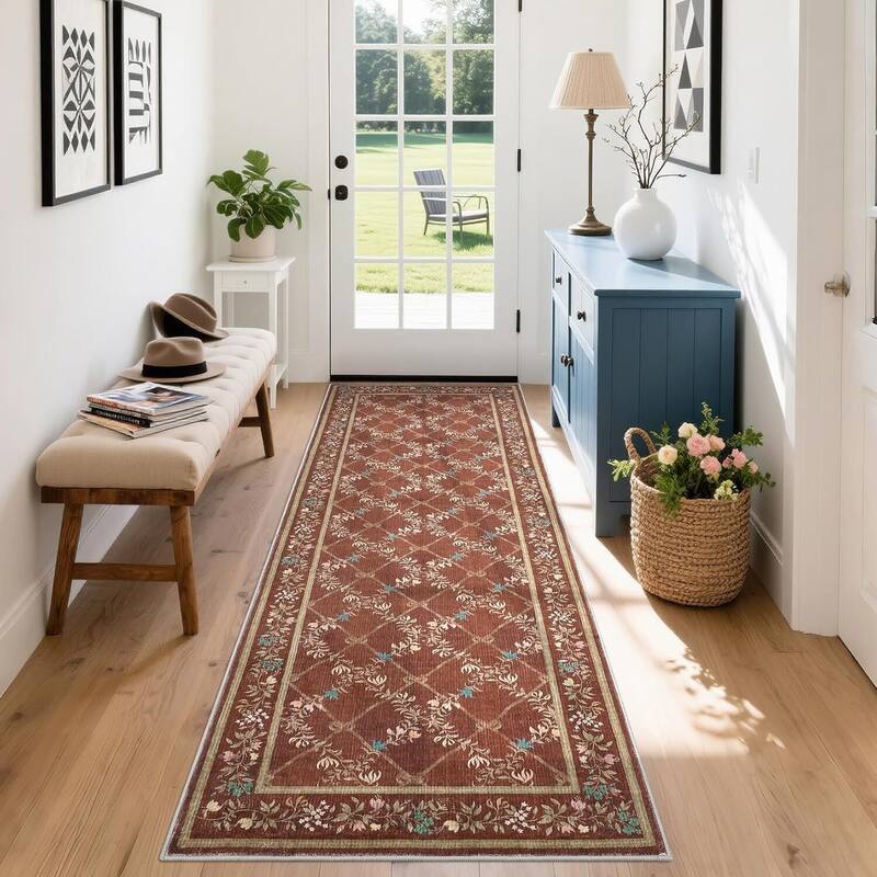 Floral Neutral Washable Hallway Low Pile Area Rug for Bedroom, Living Room, Red - 2' x 3' - Red 2*6ft