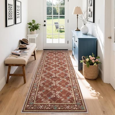 Floral Neutral Washable Hallway Low Pile Area Rug for Bedroom, Living Room, Red - 2' x 3'