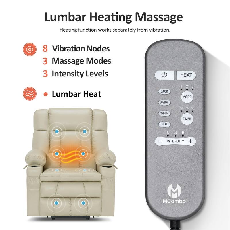 MCombo Medium Dual Motor Power Lift Recliner Chair Infinite Position, Massage and Heat, Extended Footrest, Faux Leather 7890