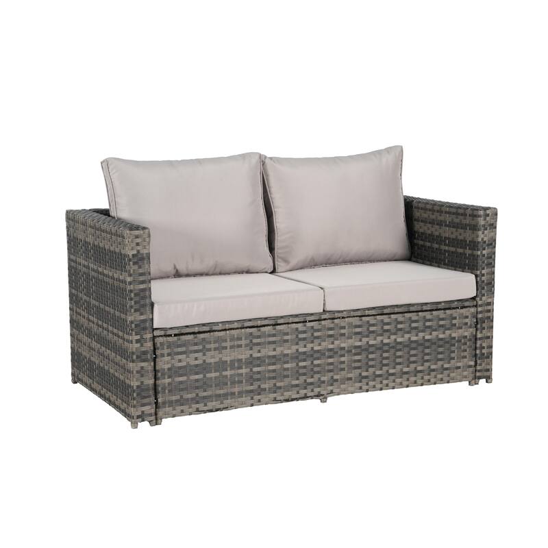 Large Modular Sectional Couch Wicker Rattan Conversation Set All Weather Recliner Couches with Glass Table and Pillows, 6 Piece