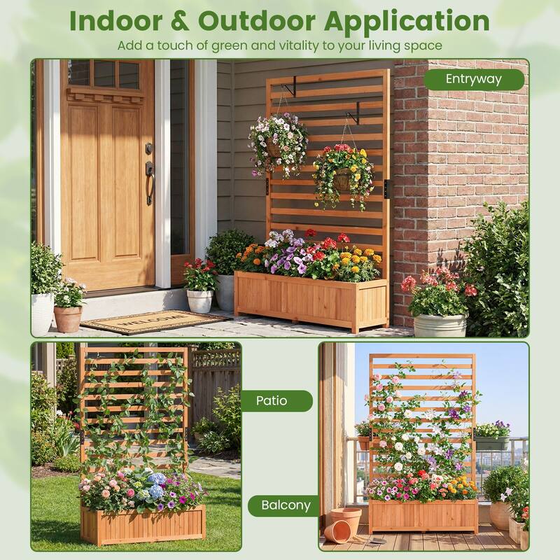 Gymax 2 PCS Wooden Raised Garden Bed w/ Vertical Trellis Liner