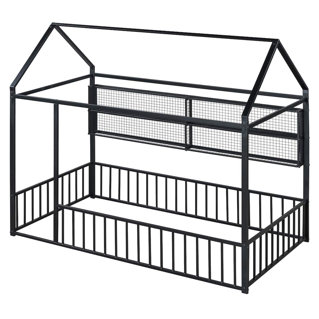 Metal Floor House Bed Frame with Fence and Shelves
