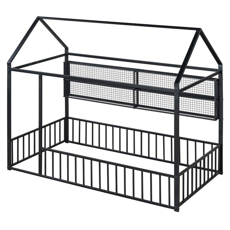 Twin Metal House Bed Frame with Storage Shelves & Fence