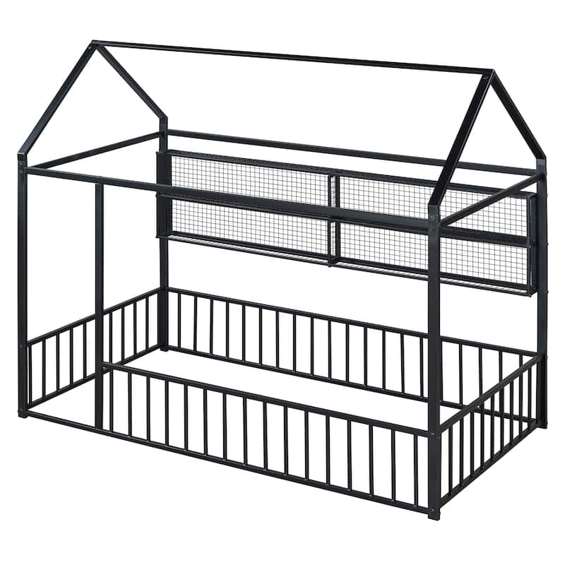 Twin Size Metal Bed House Bed Frame with Fence and Shelves, Black