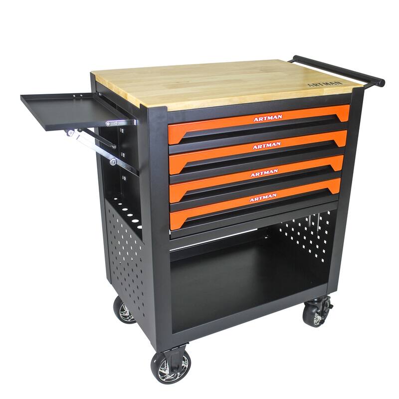 4 Drawers Multifunctional Tool Cart with Wheels and Wooden Top Multiple Uses - Home office or garage