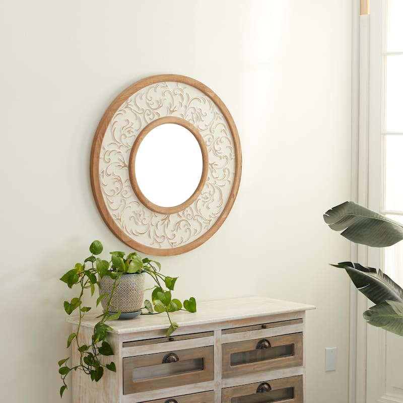 Wooden Floral Wall Mirror with Embossed Metal - White - Roche River Decor