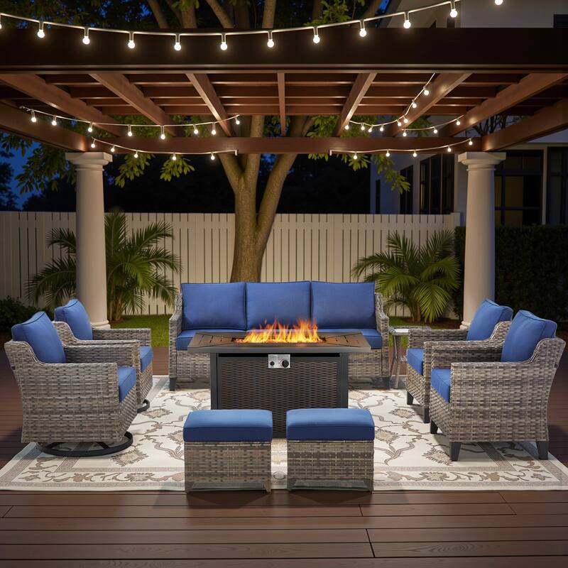 Glissia 9-Piece Gray Wicker Fire Pit Conversation Set with Wicker fire pit - Navy Blue Cushions - Gray Wicker
