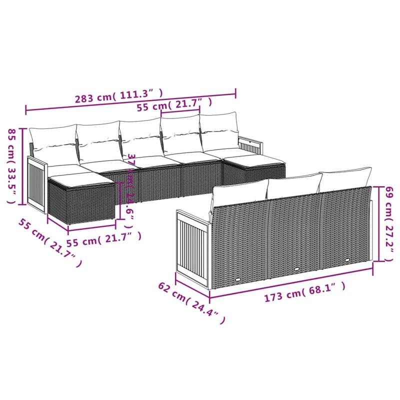 vidaXL Patio Sofa Set with Cushions Outdoor Conversation Furniture Poly Rattan - 21.7 x 21.7 x 14.6