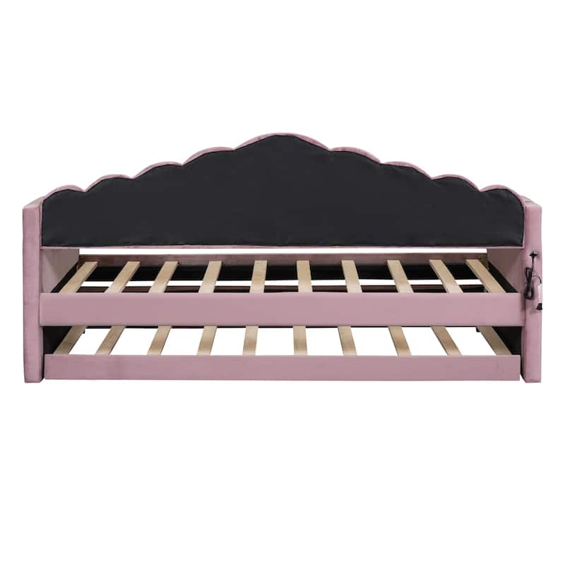 Modern Twin Velvet Daybed with Trundle, USB Ports, and Storage Pockets
