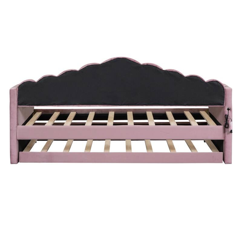Twin size Upholstered Daybed with Trundle ,Velvet Sofabed with USB Charging Ports