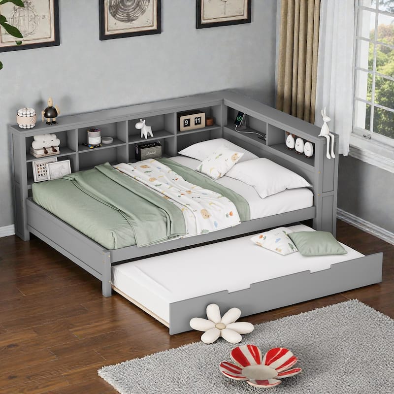 Twin/Full Wooden Daybed with Twin Trundle, Storage Shelf, USB Charging Ports, Slat Support, Space-Saving Design - Grey - Full