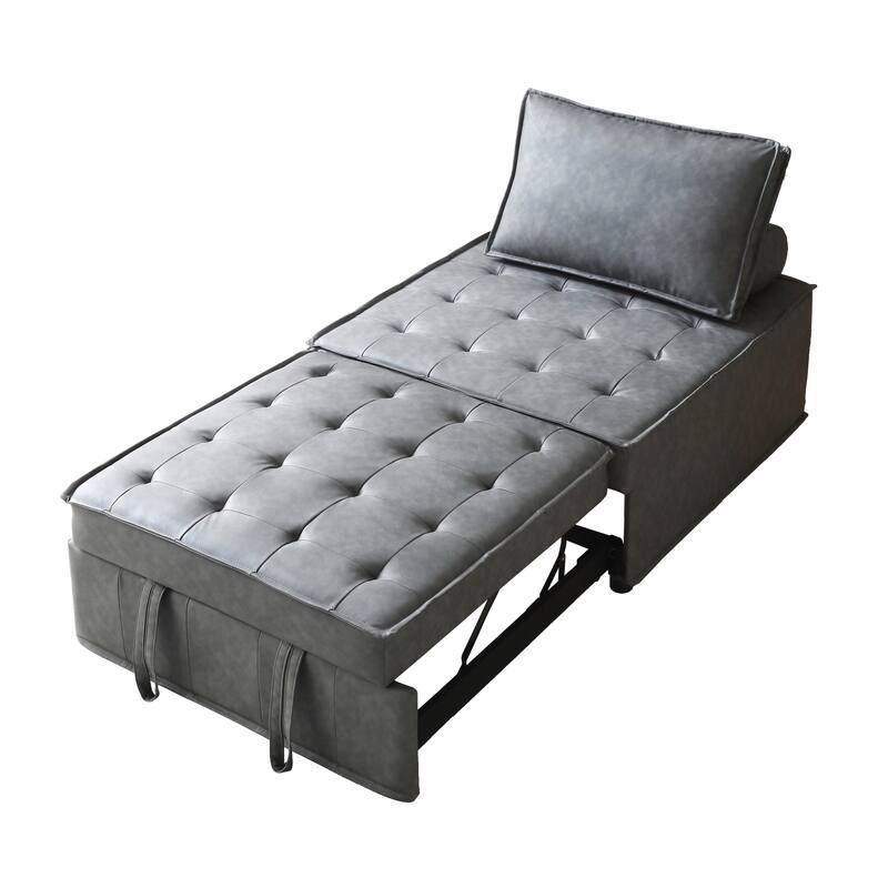 39" Faux Leather Single Multipurpose Ottoman Pull Out Sofa Bed with Adjustable Backrest and Pillow for Living Room