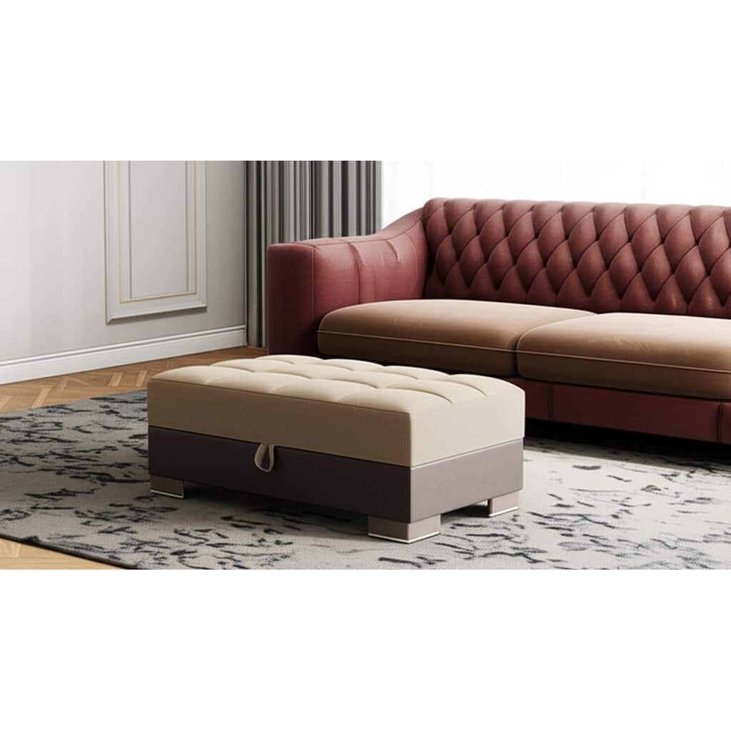 HomeRoots 50" Tan and Brown Chenille And Faux Leather Storage Ottoman