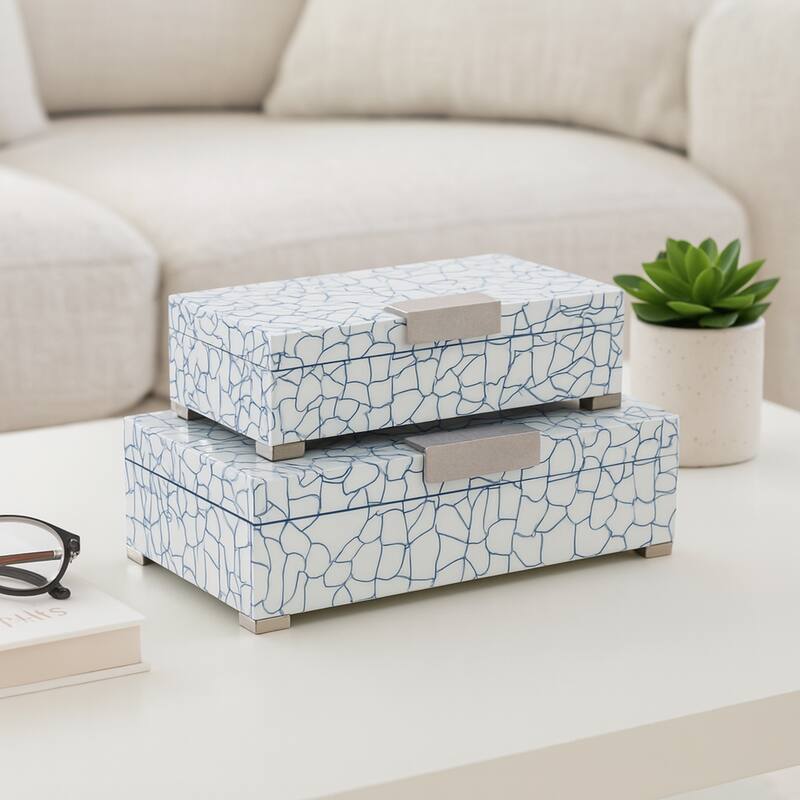 Resin Wood Boxes with Cracked Mosaic Texture (Set of 2) - 5" & 4" Blue - 14" x 8.25" x 4.75"