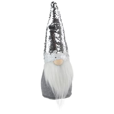 14" Gray Standing Christmas Gnome with Silver Flip Sequin Hat