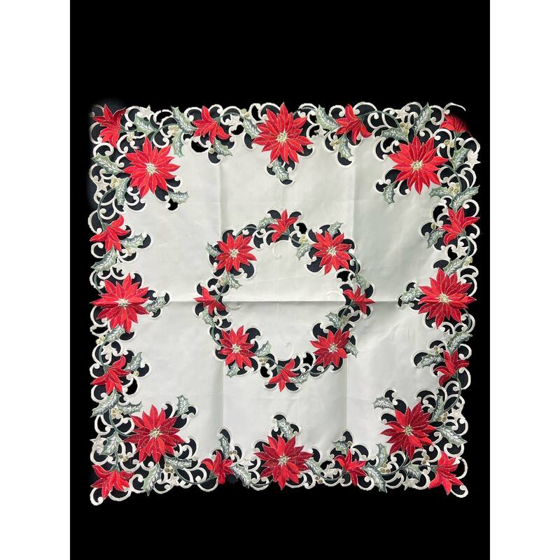 Christmas Poinsettia Embroidered Cutwork Square Tablecloth, 44 inch square