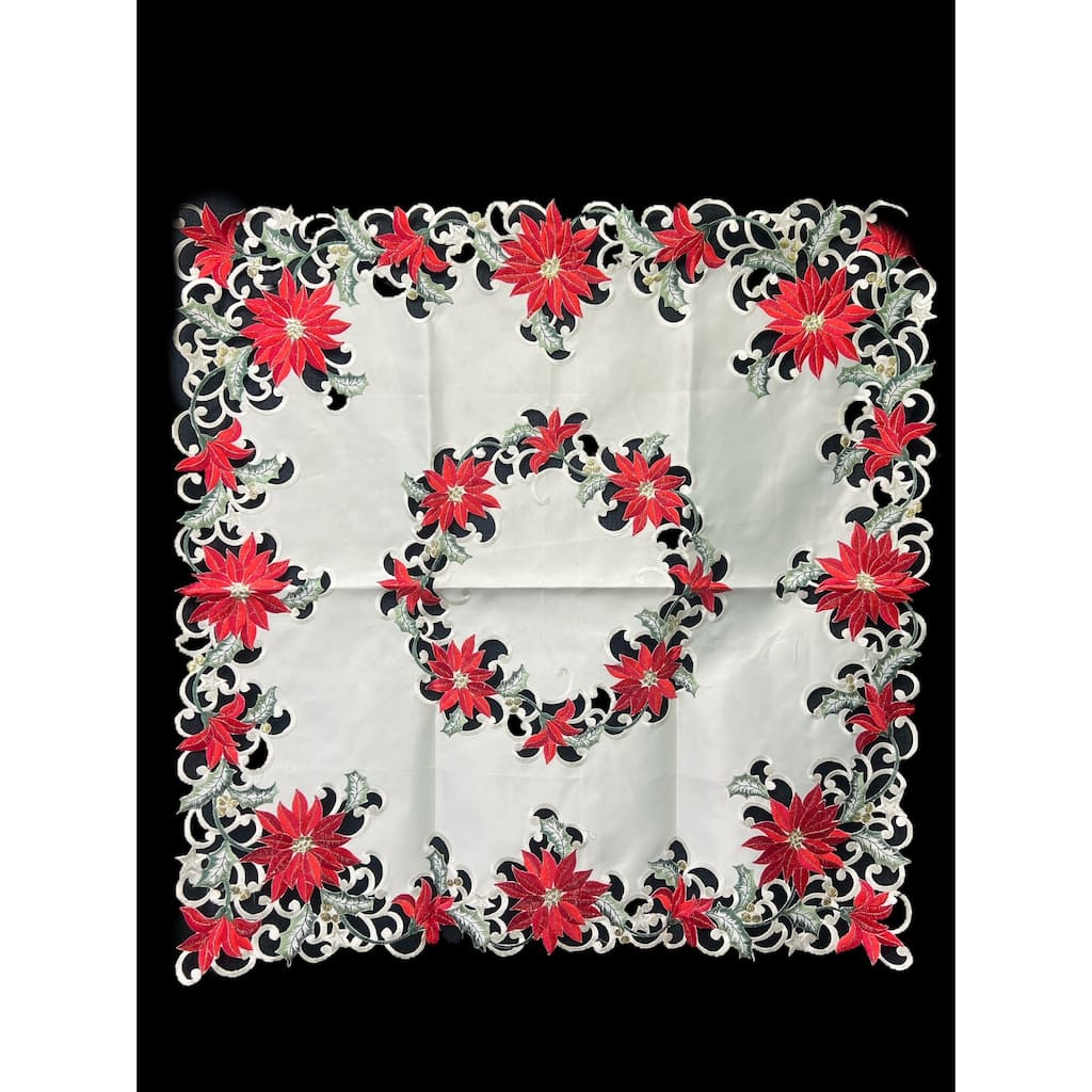 Christmas Poinsettia Embroidered Cutwork Square Tablecloth, 44 inch square